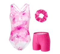 JiAmy Body da ginnastica per ragazze con pantaloncini, set da ginnastica per bambini, abbigliamento atletico, abbigliamento da danza incrociato sulla schiena, 3 pezzi, per bambini da 3 a 12 anni