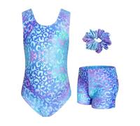 JiAmy Body da ginnastica per ragazze, senza maniche, scintillante, con pantaloncini, per bambini dai 3 ai 12 anni, Set leopardo blu, 5-6 anni