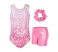 JiAmy Body da ginnastica per ragazze, senza maniche, scintillante, con pantaloncini, per bambini dai 3 ai 12 anni, Set farfalla rosa, 3-4 anni
