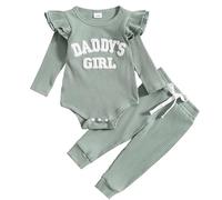 JiAmy Completini per Bambina 2 Pezzi, Neonata Vestiti Estivo Manica Lunga Pagliaccetto con Daddy's Girl Modello Ricamato Pantaloni Lunghi Tutina in Cotone Outfit, 12-18 Mesi Verde