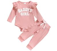 JiAmy Completini per Bambina 2 Pezzi, Neonata Vestiti Estivo Manica Lunga Pagliaccetto con Daddy's Girl Modello Ricamato Pantaloni Lunghi Tutina in Cotone Outfit, 12-18 Mesi Rosa