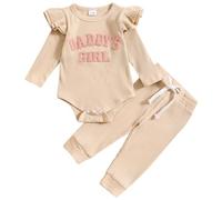 JiAmy Completini per Bambina 2 Pezzi, Neonata Vestiti Estivo Manica Lunga Pagliaccetto con Daddy's Girl Modello Ricamato Pantaloni Lunghi Tutina in Cotone Outfit, 0-3 Mesi Beige