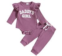 JiAmy Completini per Bambina 2 Pezzi, Neonata Vestiti Estivo Manica Lunga Pagliaccetto con Daddy's Girl Modello Ricamato Pantaloni Lunghi Tutina in Cotone Outfit, 0-3 Mesi Viola