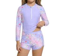 JiAmy Costume da bagno da bambina, 2 pezzi, con protezione dai raggi UV, a maniche lunghe, con pantaloncini, mezza zip, tie-dye, sirena, unicorno, fenicottero, floreale, 3-7 anni, Unicorno viola, 6-7