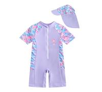 JiAmy Costume da bagno intero da bambina con cappello da sole, a maniche corte, con cerniera, protezione solare, da spiaggia, Sirena viola, 9-12 Months