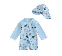 JiAmy Costume da bagno intero per bambino, con cappello da sole, a maniche lunghe, con cerniera, protezione solare, da spiaggia, Azzurro, 5-6 anni