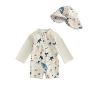 JiAmy Costume da bagno intero per bambino, con cappello da sole, a maniche lunghe, con cerniera, protezione solare, da spiaggia, Beige, 5-6 anni