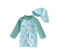 JiAmy Costume da bagno intero per bambino, con cappello da sole, a maniche lunghe, con cerniera, protezione solare, da spiaggia, Verde Blu, 4-5T