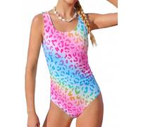 JiAmy Costume da bagno intero per ragazze, con motivo leopardato sfumato e sirena, elasticizzato, senza maniche, per bambine da 8 a 13 anni, Rosa-leopardo, 10-11 Anni