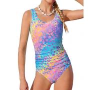 JiAmy Costume da bagno intero per ragazze, con motivo leopardato sfumato e sirena, elasticizzato, senza maniche, per bambine da 8 a 13 anni, Leopardo Arancione, 10-11 Anni