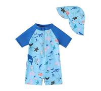 JiAmy Costume da bagno per bambini con cappello da sole a maniche corte, con zip, protezione solare, tutina da spiaggia per neonati e bambini, 6M-5Y, Squalo blu, 3-4 Anni