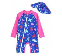 JiAmy Costume da bagno per bambini e neonati, protezione dai raggi UV, costume da bagno intero con cappello da sole, Oceano rosa rosso, 3-6 Mesi