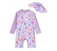 JiAmy Costume da bagno per bambini e neonati, protezione dai raggi UV, costume da bagno intero con cappello da sole, conchiglia viola, 3-6 Mesi