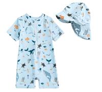 JiAmy Costume da bagno per bambino con cappello da sole a maniche corte con cerniera, protezione solare da spiaggia, 6M-5Y, Blu, 6-9 Months