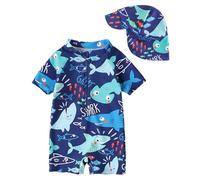 JiAmy Costume da bagno per bambino con cappello da sole a maniche corte con cerniera, protezione solare da spiaggia, 6M-5Y, Blu navy, 9-12 Months