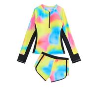 JiAmy Costume da bagno per ragazze, set da 2 pezzi, protezione solare UV, maniche lunghe, rash guard, camicia con pantaloncini, costume da bagno stampato tie-dye, 7-13 anni, Giallo, 12-13 Anni