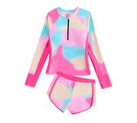JiAmy Costume da bagno per ragazze, set da 2 pezzi, protezione solare UV, maniche lunghe, rash guard, camicia con pantaloncini, costume da bagno stampato tie-dye, 7-13 anni, Rosa brillante, 11-12 Anni