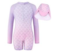 JiAmy Costume da Bagno per Ragazze, Sirena Costume Bambina Estivo UPF50+ Rapida Asciugatura con Cerniera Costume Intero Bambina E Cappello per Spiaggia Estate,Lunga Maniche,Viola Sirene 6-7 Anni