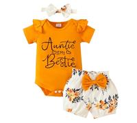 JiAmy Outfit per Bambina 3 Pezzi, Neonata Completini Estivo Manica Corta Pagliaccetto con Auntie is My Bestie Modello Ricamato Pantaloni Corti con Fascia Vestiti 9-12 Mesi, Arancione