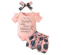 JiAmy Outfit per Bambina 3 Pezzi, Neonata Completini Estivo Manica Corta Pagliaccetto con Daddy's Girl Modello Ricamato Pantaloni Corti con Fascia Vestiti 3-6 Mesi, Rosa2