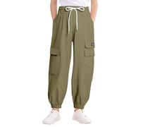 JiAmy Pantaloni cargo da bambina, a vita alta, in cotone, larghi, stile hip hop, con tasche multiple, stile casual, da paracadute, 5-14 anni, Verde, 13-14 Anni