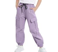 JiAmy Pantaloni cargo da ragazza con elastico in vita per bambini, casual, larghi, pantaloni da paracadute, Y2k, multi tasche, pantaloni da danza, pantaloni in cotone per 5-13 anni, Viola, 9-10 Anni