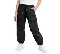 JiAmy, pantaloni cargo da ragazza, con vita elastica e coulisse, pantaloni per bambini con tasche multiple, stile Y2K, da danza, jogger per 5-14 anni, Nero, 9-10 Years