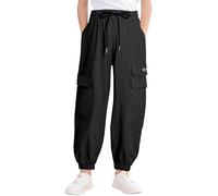 JiAmy Pantaloni cargo da ragazza in cotone con vita elastica e tasche, pantaloni larghi pantaloni da jogging per bambini Hip Hop tempo libero pantaloni per la scuola sport 5-14 anni, Nero , 7-8 Anni