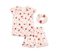 JiAmy Pigiama estivo da bambina, 3 pezzi, top a maniche corte e pantaloncini con volant con elastico carino stampato per bambini, set da notte per bambini dai 4 ai 12 anni, Fragola rossa., 7-8 Years
