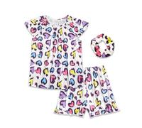 JiAmy Pigiama estivo da bambina, 3 pezzi, top a maniche corte e pantaloncini con volant con elastico carino stampato per bambini, set da notte per bambini dai 4 ai 12 anni, Cuore d'amore, 11-12 Years