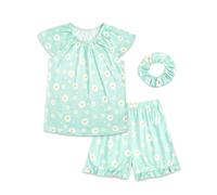 JiAmy Pigiama estivo da bambina, 3 pezzi, top a maniche corte e pantaloncini con volant con elastico carino stampato per bambini, set da notte per bambini dai 4 ai 14 anni, Margherita bianca., 9-10