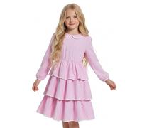 JiAmy Ragazze Abito Vintage Manica Lunga Dolce A Sbuffo Peter Pan Collare Gonna A Strato Strisce Colorate Vestito Da Festa Bambini Abiti Ragazze Per Compleanno Natale 4-12 Anni, Colore: rosa., 9-10