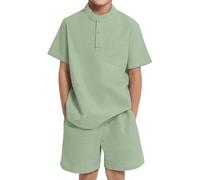 JiAmy Set di 2 pezzi di abbigliamento per ragazzi, in cotone massiccio, con colletto Henley a maniche corte e pantaloncini, abbigliamento estivo casual per bambini per 5-14 anni, Verde chiaro, 13-14