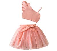 JiAmy Set di 2 vestiti per bambine e ragazze, top lavorato a maglia e gonna in tulle con paillettes, monospalla, estivo, per ragazze dai 2 ai 9 anni, rosa, 3-4 Years