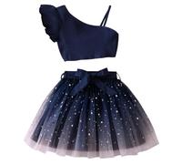 JiAmy Set di 2 vestiti per bambine e ragazze, top lavorato a maglia e gonna in tulle con paillettes, monospalla, estivo, per ragazze dai 2 ai 9 anni, Blu notte, 3-4 Years
