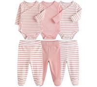 JiAmy Set di 3 body fasciatoio, con maniche a busta e pantaloni a pompa, con piedi, in cotone, set da 0 a 12 mesi, vestito rosa, 9-12 Monate
