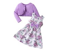 JiAmy Set di vestito e cardigan per bambine a maniche lunghe, cappotto lavorato a maglia, senza maniche, con stampa floreale, con fiocco, 2 pezzi, per bambine da 12 mesi a 7 anni, Viola, 12-24 Months