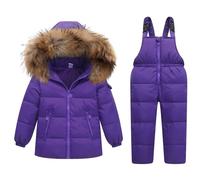 JiAmy Tuta da neve per bambini, 2 pezzi, invernale, con cappuccio, piumino e pantaloni da neve, tuta da sci per ragazzo, ultraleggero, Viola, 130/6-7 Years