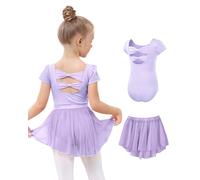 JiAmy Vestito da balletto da bambina, in cotone, a maniche corte, da danza + gonna in chiffon, 2 pezzi, per bambini da 2 a 11 anni, Lilla, 6-7 Anni