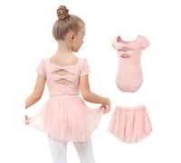 JiAmy Vestito da balletto da bambina, in cotone, a maniche corte, da danza + gonna in chiffon, 2 pezzi, per bambini dai 3 ai 11 anni, Colore: rosa., 3-4 Anni