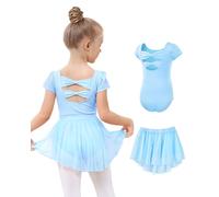 JiAmy Vestito da balletto da bambina, in cotone, a maniche corte, da danza + gonna in chiffon, 2 pezzi, per bambini dai 3 ai 11 anni, Blu, 6-7 Anni
