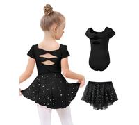 JiAmy Vestito da balletto da bambina, in cotone, a maniche corte, da danza + gonna in chiffon, 2 pezzi, per bambini dai 3 ai 11 anni, Nero , 8-9 Anni