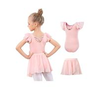 JiAmy Vestito da balletto da bambina, in cotone, a maniche corte, da danza + gonna in chiffon, 2 pezzi, per bambini dai 3 ai 11 anni, Colore: rosa., 6-7 Anni