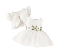 JiAmy Vestito da bambina a maniche corte con cardigan a nido d'ape, set da 2 pezzi, senza maniche, con motivo floreale, per compleanno, principessa, per bambine dai 6 mesi ai 3 anni, bianco, 18 mesi