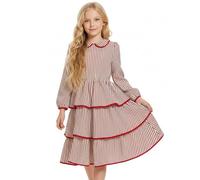 JiAmy Vestito da bambina a maniche lunghe, colletto Peter-pan per bambini, vintage, per feste di compleanno, costume festivo a righe, per bambine dai 4 ai 12 anni, Rosso vinaccia, 9-10 Anni