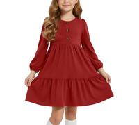 JiAmy Vestito da bambina a maniche lunghe, in cotone, con bottoni, girocollo, a strati, vita alta, per il tempo libero, per tutti i giorni, con tasche, per 4-12 anni, Colore: rosso, 9-10 Anni