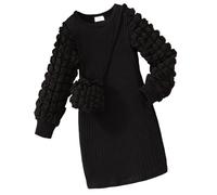 JiAmy Vestito da Bambina a Sbuffo Maniche Lunghe A-Line Abito da Elegante Autunno Inverno Vestito con Tasca Vestiti Casual per Ragazze Bambini 5 Anni Nero