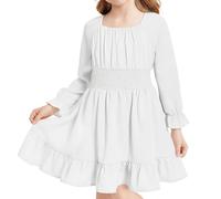JiAmy Vestito da bambina con scollo quadrato, maniche lunghe, linea ad A, abito svasato per bambini, casual, elegante, per feste di compleanno, vestiti da principessa, per bambine 5-13 anni, bianco, 5