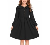 JiAmy Vestito da bambina con volant Peter Pan, colletto a polo, a maniche lunghe, in cotone, elegante, casual, per autunno e inverno, per bambini dai 5 ai 13 anni, Nero , 4-5 Anni