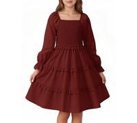 JiAmy Vestito da ragazza a maniche lunghe per bambini a strati con volant abiti da festa smock collo quadrato primavera autunno abbigliamento per bambini per 4-12 anni, Rosso vinaccia, 4-5 Anni